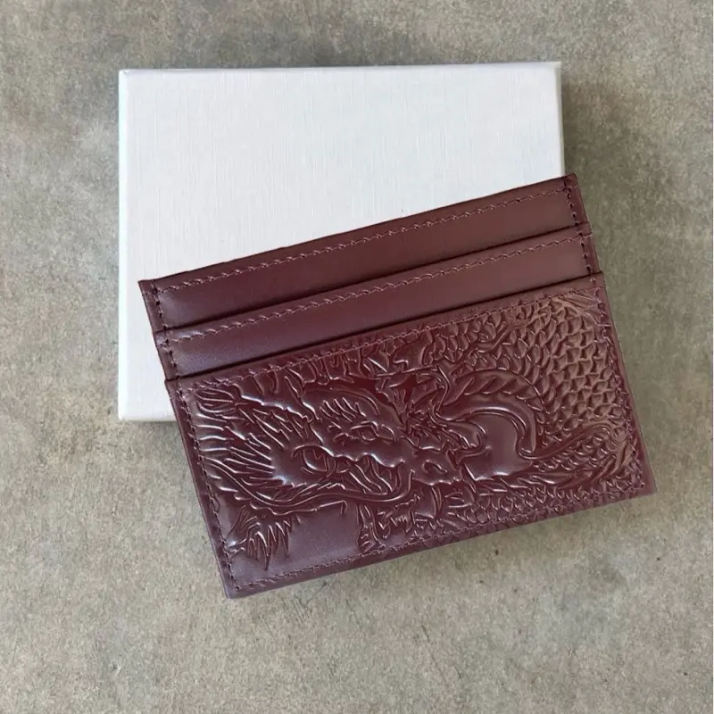 Genuine Leather Dragon Embossed 4 Slot Card Holders With Middle Pocket