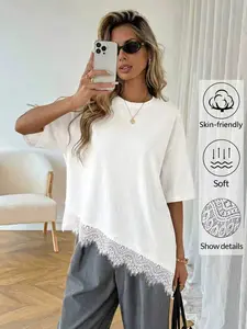 Women's Casual Basic Solid Color Asymmetrical Hem Lace Patchwork Round Neck T-Shirt, Daily Wear, Spring/summer Cotton Top, Asymmetrical Design, Womenswear