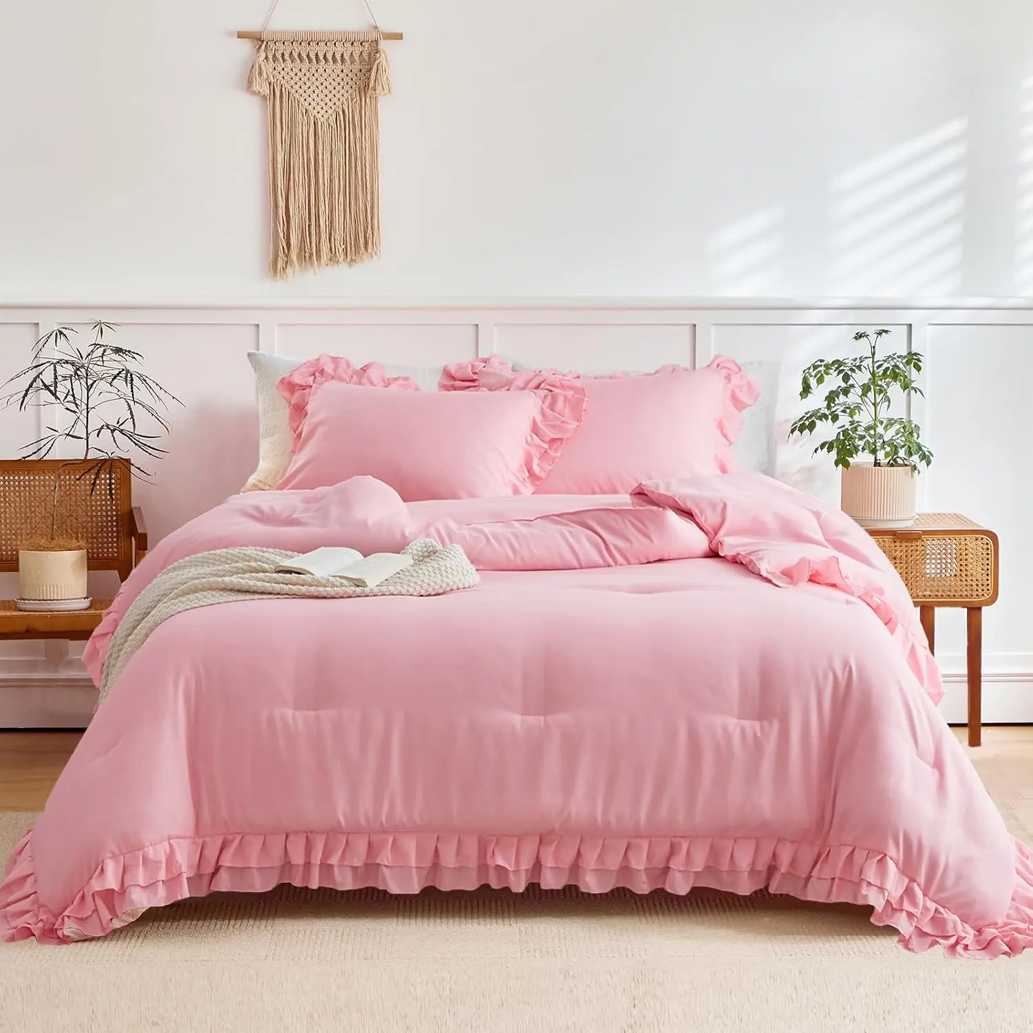 Pink Ruffle Comforter Set Full/ Size, 3 count (1 Ruffled Comforter and 2 Pillowcases) Farmhouse Shabby Chic Style with 2 Layers Ruffle, Solid Color Lightweight Fluffy Bedding Sets for All Season