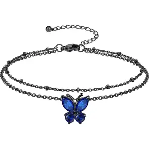 Double Layer Heart/Butterfly Birthstone Anklet for Women Non Tarnish Waterproof, Silver/Gold/Black Stainless Steel 8.5-10.5 Inch Adjustable Chain Anklets Jewelry Gifts for Her