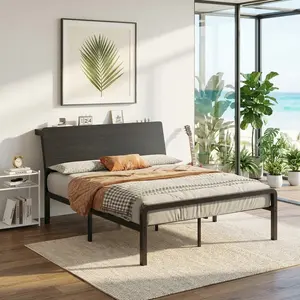 Industrial Metal Bed Frame With Wooden Headboard,Adjustable LED Light & USB Charging Bed Frame With Storage Shelf,Noise Free Sturdy Iron Platform Bed No Box Spring Needed Easy Assembly For Bedroom