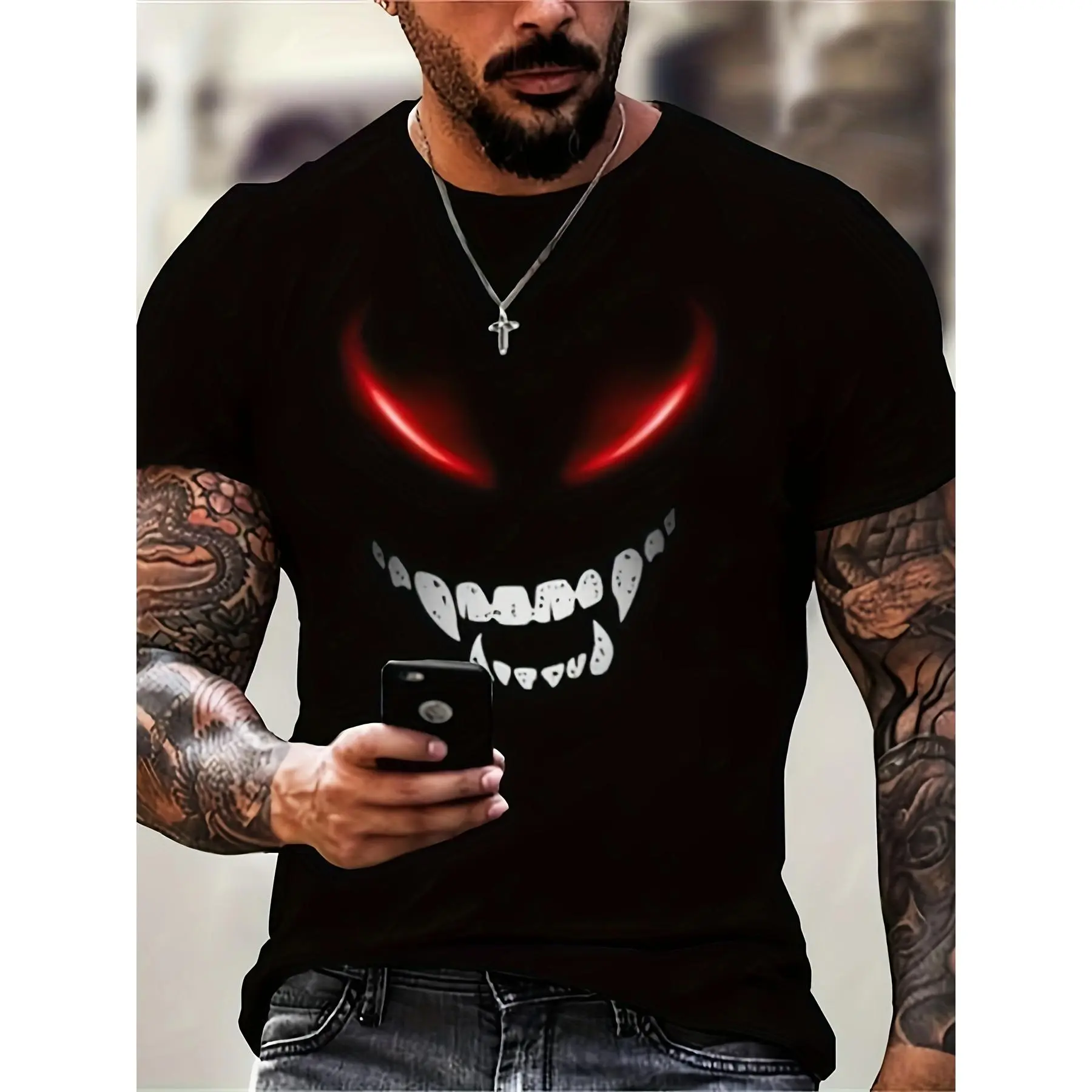 Men's Fashion Streetwear Classic Cotton Shortsleeve Round Neck T-Shirt - Casual Loose Fit Top with Devil Face Print, for Daily Wear & Social Events, Hand Wash/Dry Care, Menswear, Tshirt, Soft, Fashion Apparel, Casual Fit, Shopping, Heat Transfer, Printed