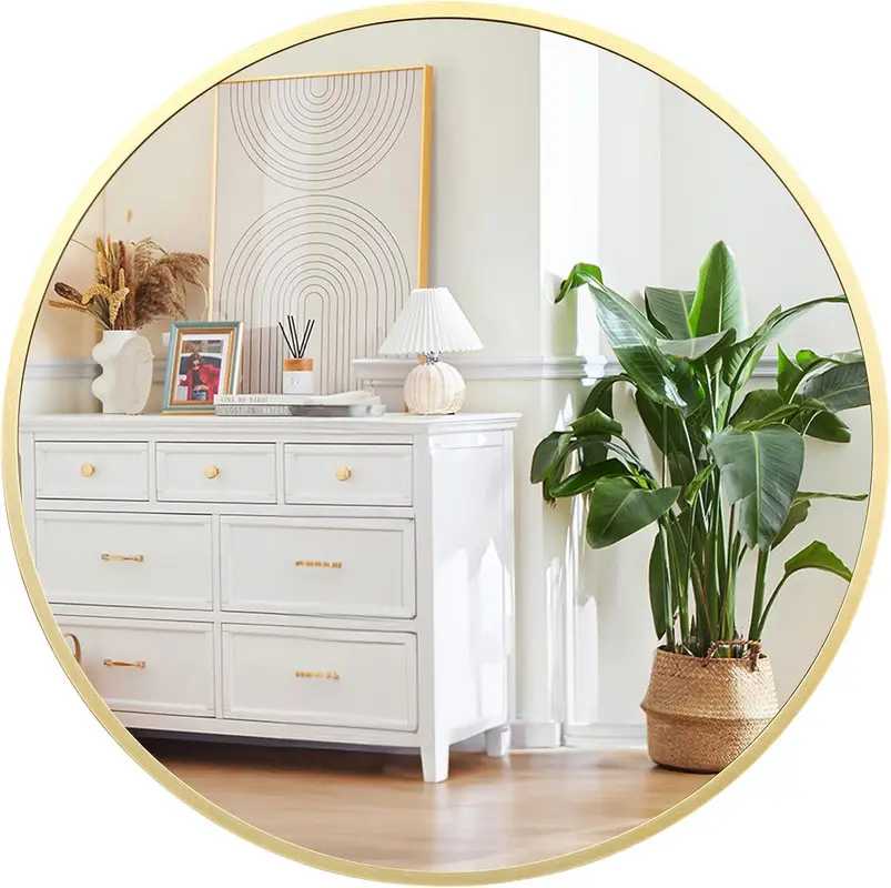 18-Inch Circle Metal Wall Hanging Mirror, Aluminum Alloy Frame, Modern High-Clarity Reflection, Eco-Friendly Gold Finish, Durable, Easy Installation with Hanging Strip, 18-24 In Options, Drop-Tested Foam Packaging, for Bathroom-Vanity Room Indoor Decor