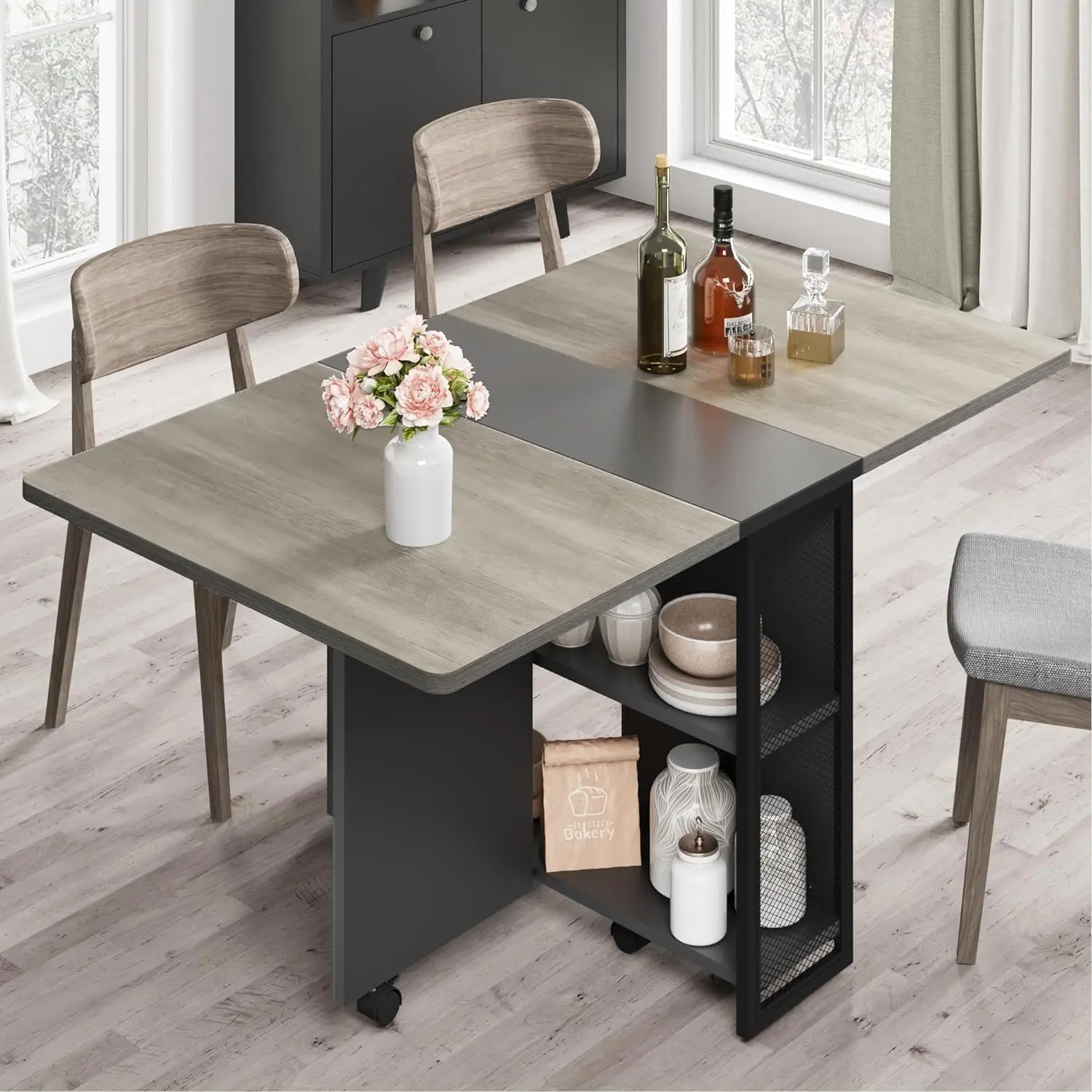 Carlo Grey Indoor Farmhouse Extensible Foldable Drop Leaf Rectangle Dining Table - 2-Tier Storage, 6-Wheel Wheeled Base, Supports 4-6 Seater, 150 lb Capacity, Easy Install, 50.1" D x 31.4" W x 29.5" H, Entryway Table/Office Desk for Limited Spaces