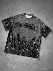 Men's Fashion Streetwear Sporty T-Shirt, Creative Los Angeles Diamond Starburst Flame Print, Versatile Long Sleeve Top for All Seasons