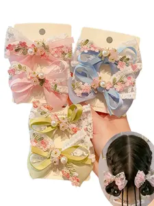 2Pcs Elegant Lace Bow Hair Clips, Decorative Flower Hair Clips, Floral Embroidery Barrettes, Sweet Coquette Hair Accessories for Daily & Party
