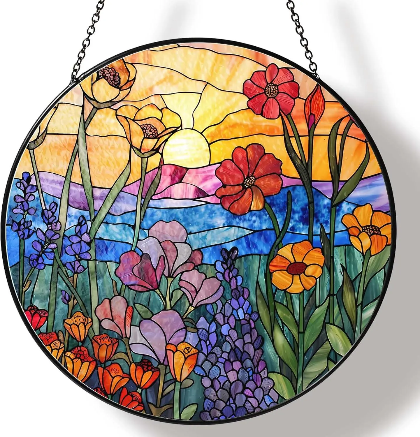[Made in US] Wildflowers Stained Glass Suncatcher for Window, 7.8in Hanging Decor | Stained glass hanging window suncatcher, colorful sun catcher for indoor window decor and thoughtful gifts for women birthday