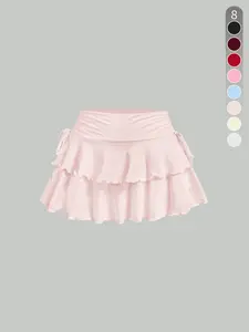 Women's Solid Ruffle-Hem Side-Tie Skirt Stylish Casual Staple Versatile Day-to