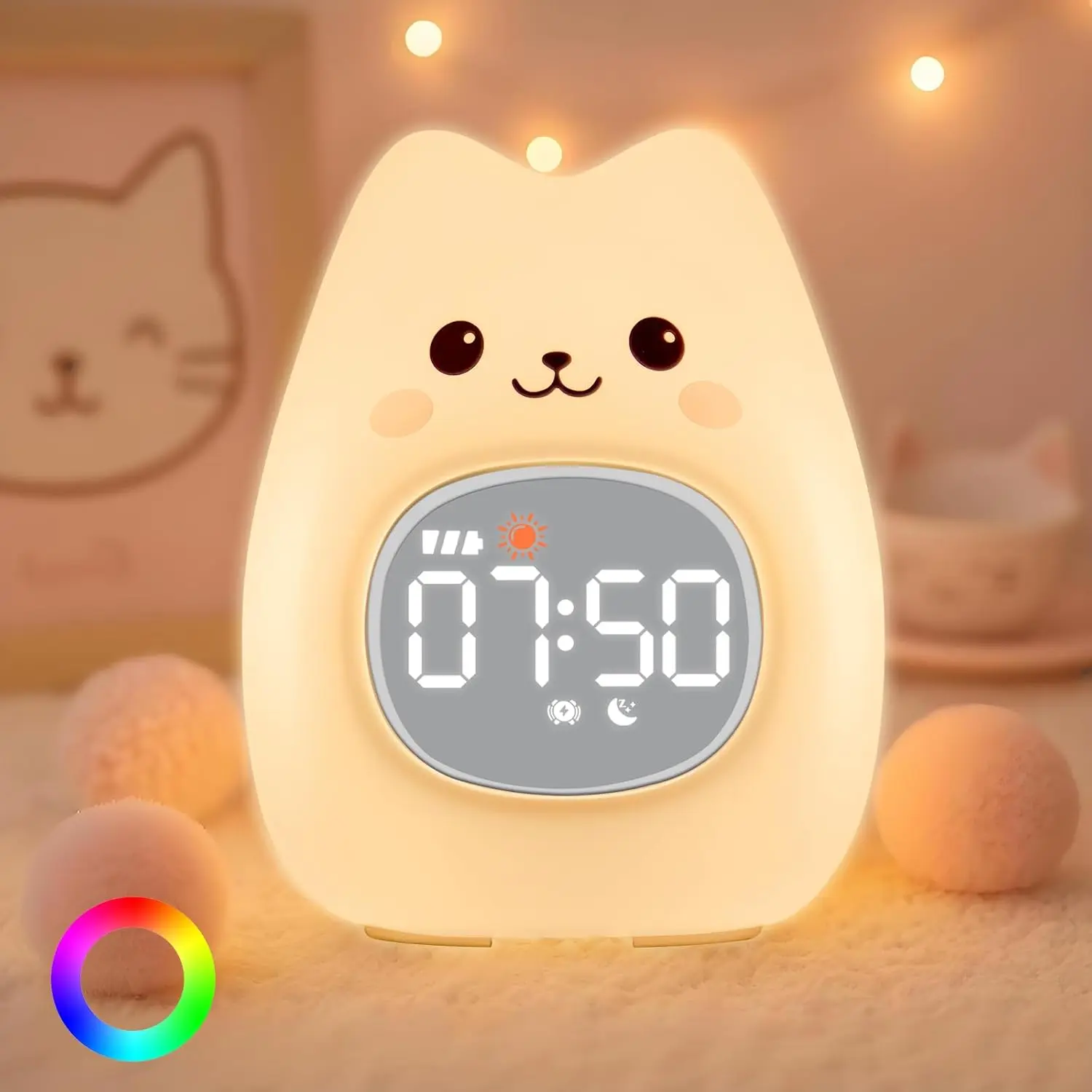 Kawaii Animal Glow-in-the-Dark Cat Alarm Clock with 7-Color LED Lights - Silicone Touch Nursery Lamp, 2 Alarms, 5 Ringtones, Snooze, USB-Powered Rechargeable USB Powered Clocks, Kids Room Decor Home Supply Gift, Sleep Aid, Stress Relief