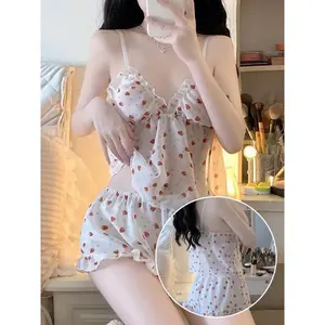 [2pcs Strawberry Babydoll Lingerie Set] Women'S 2pcs Babydoll Lingerie Set Strawberry Print Cami Tops and Shorts Set Sleepwear