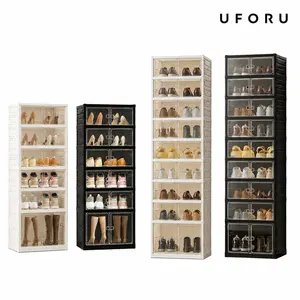 UFORU folding shoe rack, magnetic transparent door shoe cabinet, 9-layer storage for 18 pairs of shoes, simple design, large capacity, sturdy, stackable plastic shoe cabinet, space saving, no installation required#SummerWins#DFYD