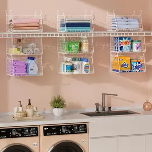 3-Tier Hanging Laundry Basket Organizer：Foldable Wire Shelf Laundry Room Organizer with 360°Rotating Hooks Small Space Solutions Pantry Baskets - Laundry Organization, White Patent