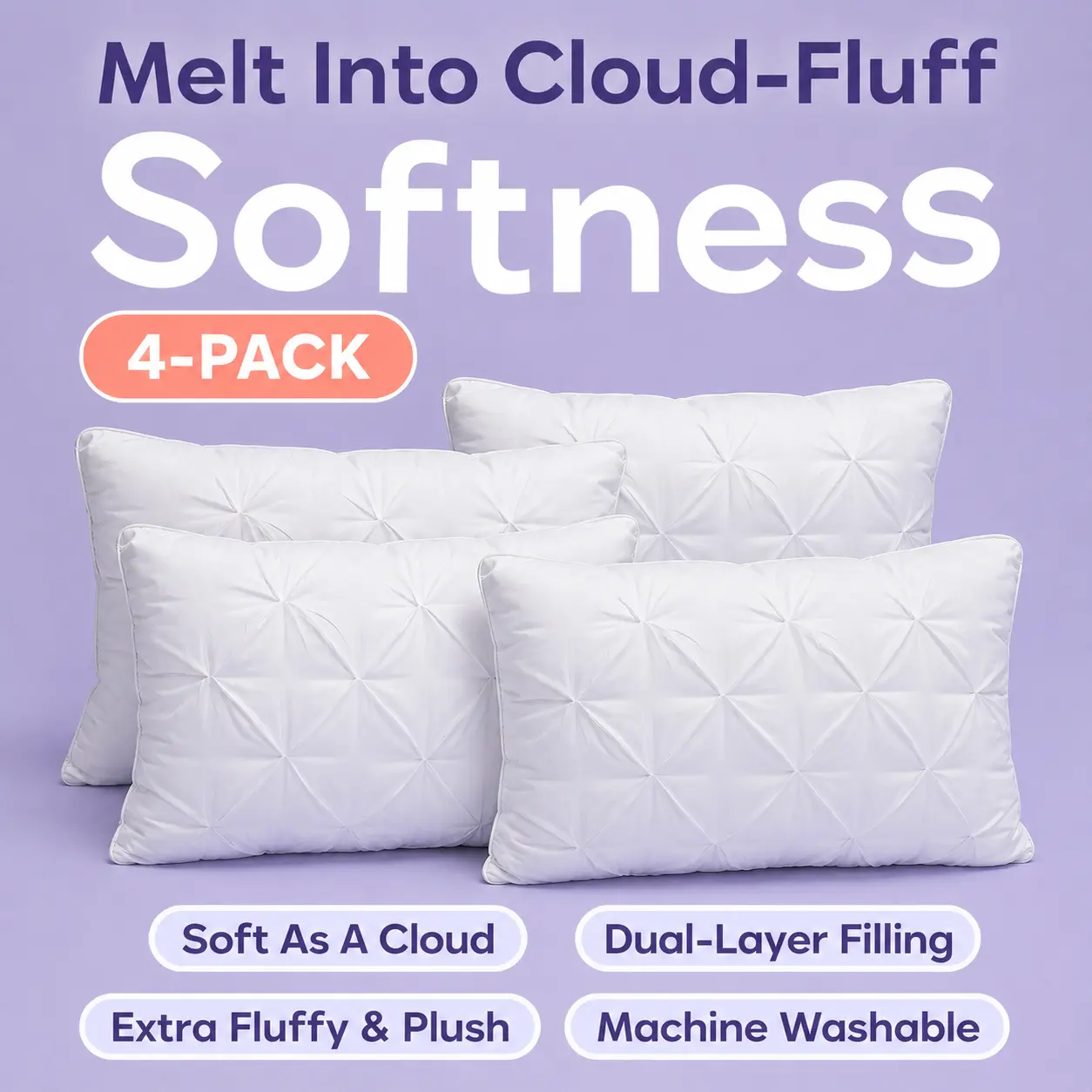 Mellow Sleep | Ploof Pillow (4-Pack) – Extra-Fluffy Dual-Layer Pillow, Cloud-Like Soft Plush Bed Pillow with Breathable Support, Never Flat, Neck-Cradling Comfort for Side, Back & Stomach Sleepers, Machine Washable
