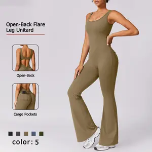 NcmRyu Women's Sleeveless Square Neck Open-Back Flare Jumpsuit - Buttery-Soft 4-Way Stretch Cargo Ruched Sculpting Trendy Activewear Workout Gym Clothing Workout Apparel jumpsuits for women