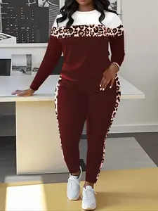 Leopard Print Patchwork Casual Loungewear Spring Summer Set, Round Neck Long Sleeve Top & Pants Two-Piece, Women's Fashion Clothing