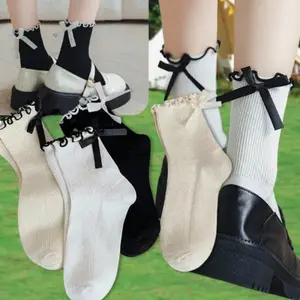 Women's 4-Pack Fit Cotton Mid-Calf Socks - Lady's Summer Sweet Ruffled Bow, Comfortable Sports Socks for Outdoor Activities
