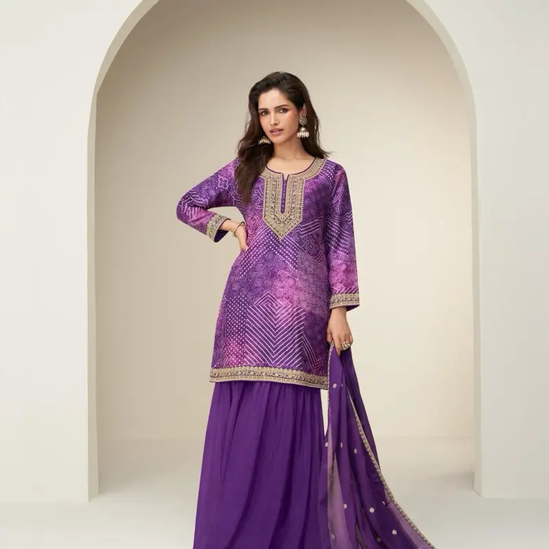 Bhandej Women's Purple Plazo Suit for Party Wear Indian Wedding Casual Sharara Karachiauth Attire with Intricate Embroidery
