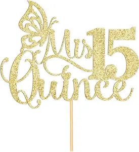 Mis Quince Cake Topper 1 Piece 15th Birthday Decorations, Gold Glitter,
