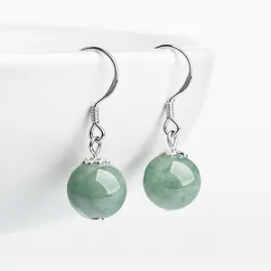 Natural A-grade jade emerald green round bead earrings S925 silver inlaid jade fashionable women's earrings and earrings with ethnic style
