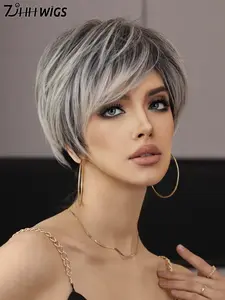 8 Inch Pixie Cut Wigs for Women, Elegant Short Wig with Bangs, Synthetic Full Machine Wigs for Women for Daily Wear