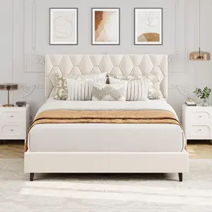 Beige Full Bed Frame with Upholstered Headboard, Heavy-Duty Platform Bed Frame with Strong Wood Slats, No Box Spring Needed/Noise Free/Easy Assembly