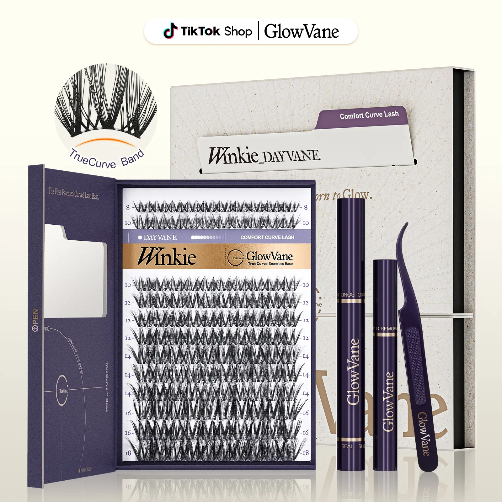 Winkie | GlowVane TrueCurve Lash Clusters Kit Wispy Volume DD Curl 0.03mm Curved Band Soft Lightweight 8-18mm DIY Lash Extensions for Beginners (Winkie)