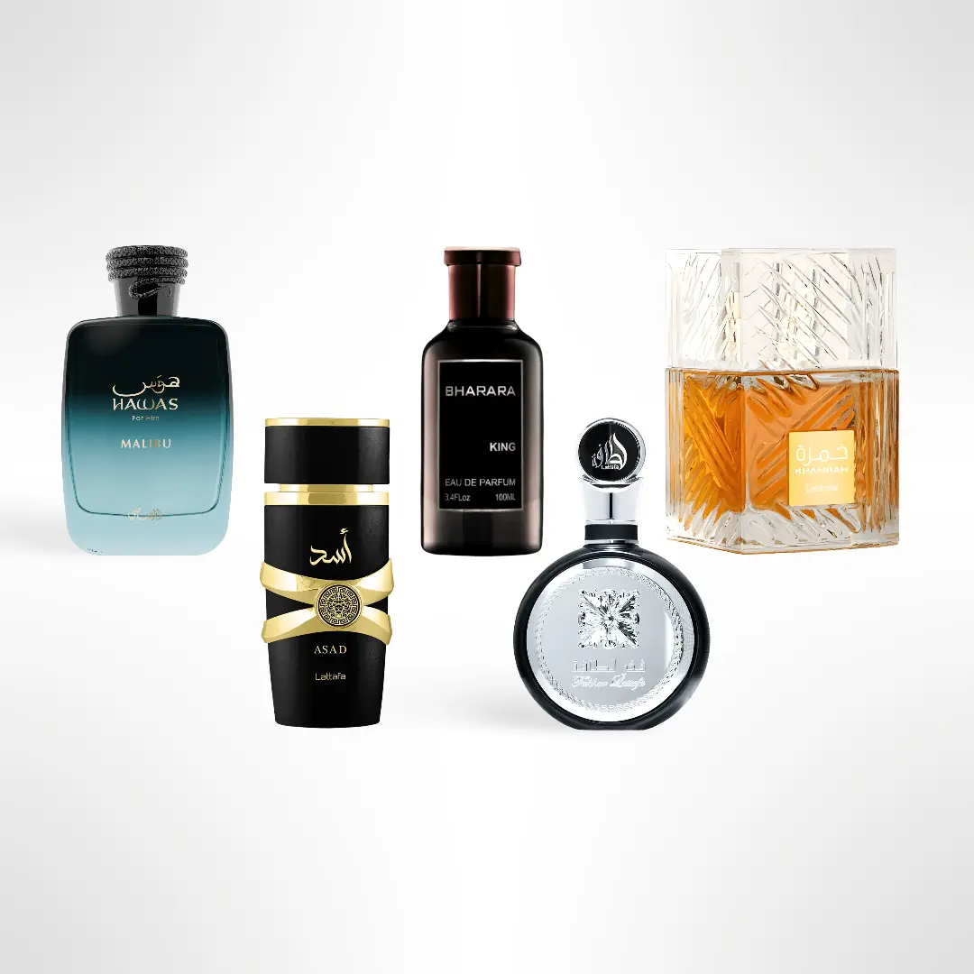 Hawas Malibu + Asad + Bharara King + Fakhar Men + Khamrah Eau de Parfum Bundle – 5PCS Luxury Men’s Fragrance Set