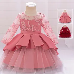 6M-3Y Pink 233 Maroon Anniversary Baby Girls Clothes Infant Birthday Cocktail Long Sleeves Cutout Embroidery Mesh Dress Toddler Pageant Newborn Ball Gown Princess Baptism Frock