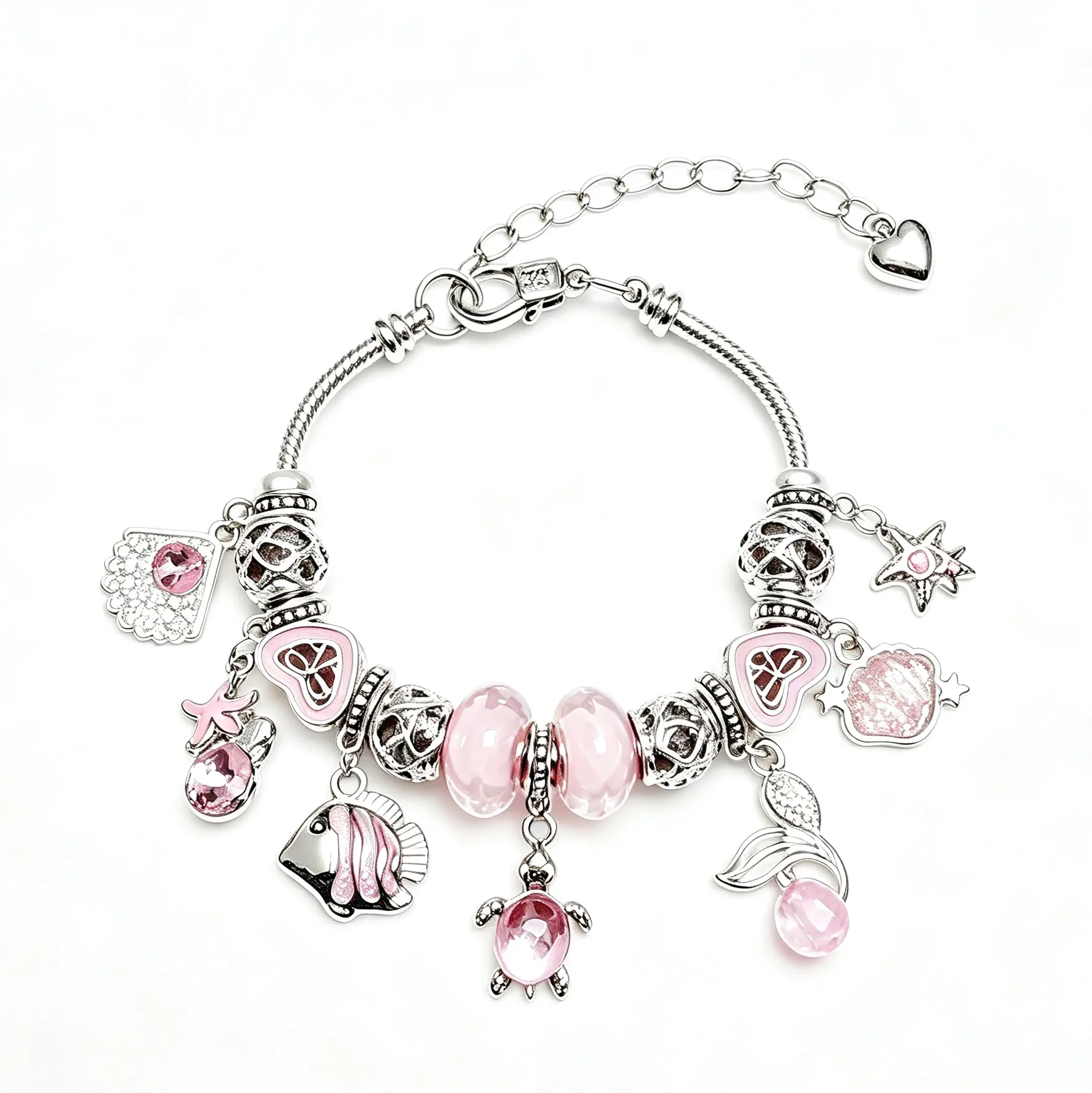 Pink Ocean Charm Bracelet for Women Girls - Silver-Tone Snake Chain with Sea Turtle, Tropical Fish, Starfish & Shell Pendants - Sweet Crystal Beaded Jewelry Gift