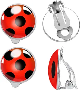 OHINGLT Ladybug Clip on Earrings for Woman Silver Ear Cuff Black Spot Red Ladybug Earring