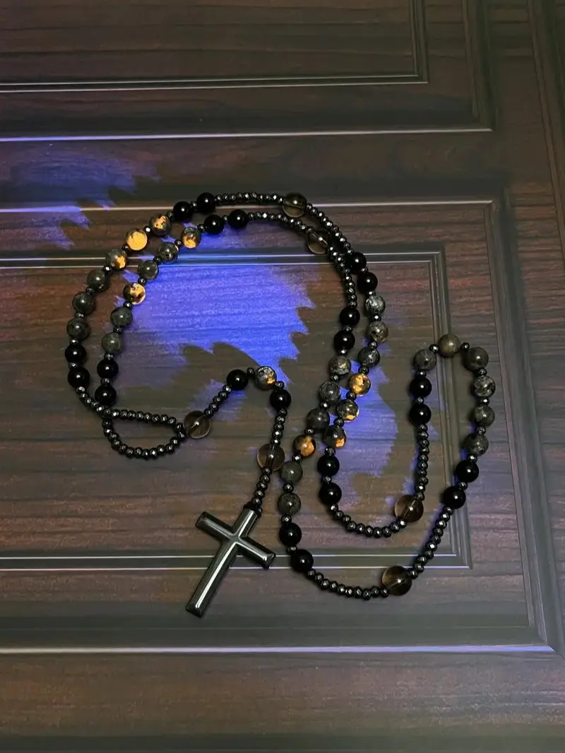 Artisanal Handmade Rosary Necklace with Natural Yooperlite & Obsidian, UV-Reactive Healing Stones, Hematite Crucifix Pendant, 36" Adjustable Chain for Couples, Meditation, Crucifix Necklaces