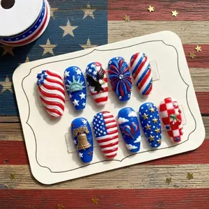 Patriotic USA Press On Nails, American Flag Star Firework Nail Art Design, Red White Blue Independence Day Press On Nails Set, Nail Art Kit Nail Box