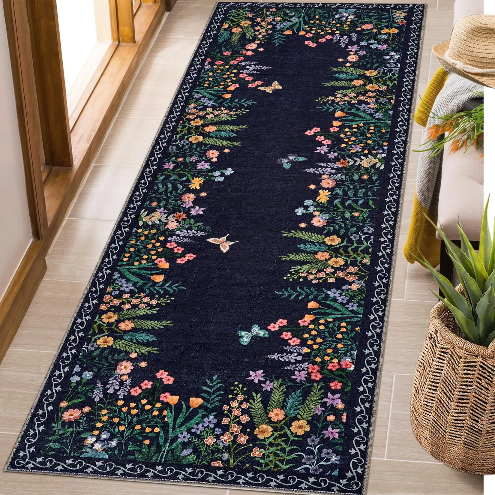 GARVEE Washable 2x6 Runner Rugs, Large Living Room Rug, Non-Slip Soft Floral Rugs for Bedroom, Botanical Area Rug Carpet for Dining Room Guest Room (Blue,2'x6')