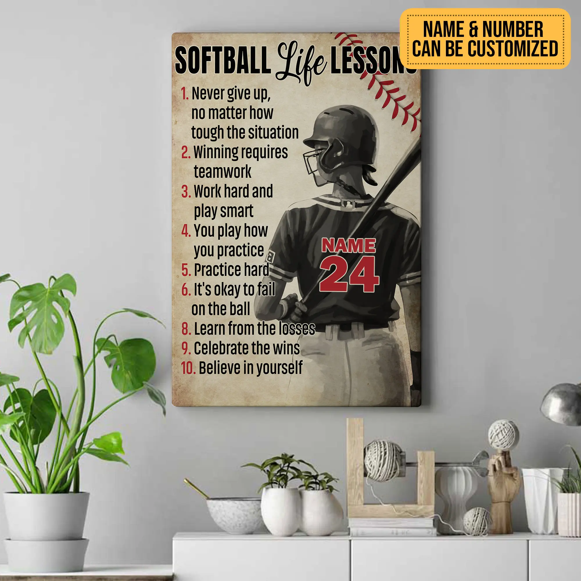 Softball Life Lessons Poster Vintage Art Decor Custom Name Number Player Gift