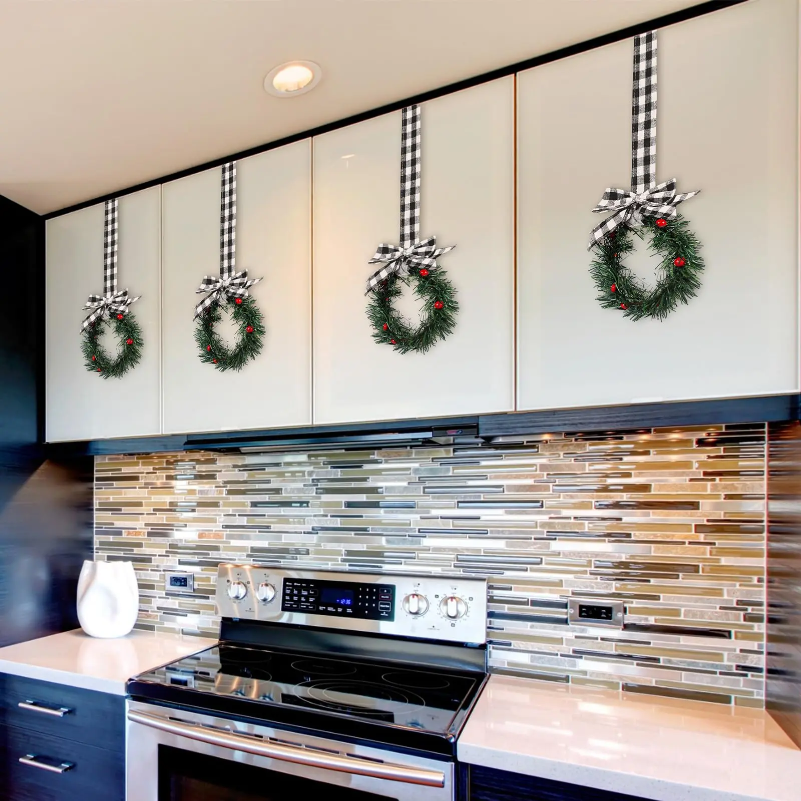 Retro Style 4 Piece Christmas Kitchen Cabinet Garland with Ribbon 3.94 Inch Mini Christmas Garland Small Kitchen Christmas Decoration for Doors and Windows Perfect for Christmas and other holiday party decorations Wreath.