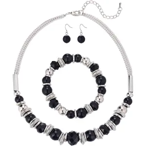 PEARL&CLUB Silver Beaded Statement Necklaces for Women Chunky Bead Necklace Bracelet and Earring Costume Jewelry Sets Gifts for Mom