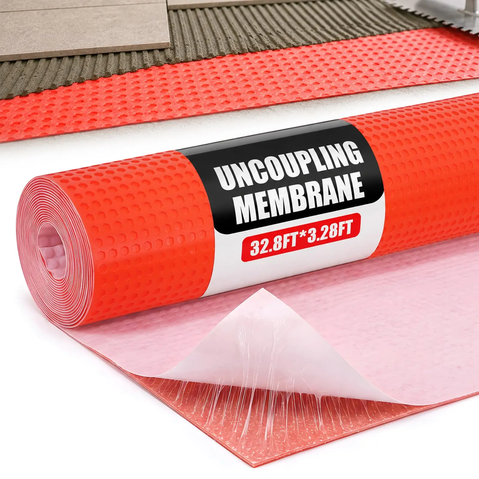Waterproof Uncoupling Membrane Roll, 108 Sqft 1/8"(3mm) Grid Surface Tile Underlayment, 3.28x32.8 ft, for Bathrooms & Kitchens Flooring Applications