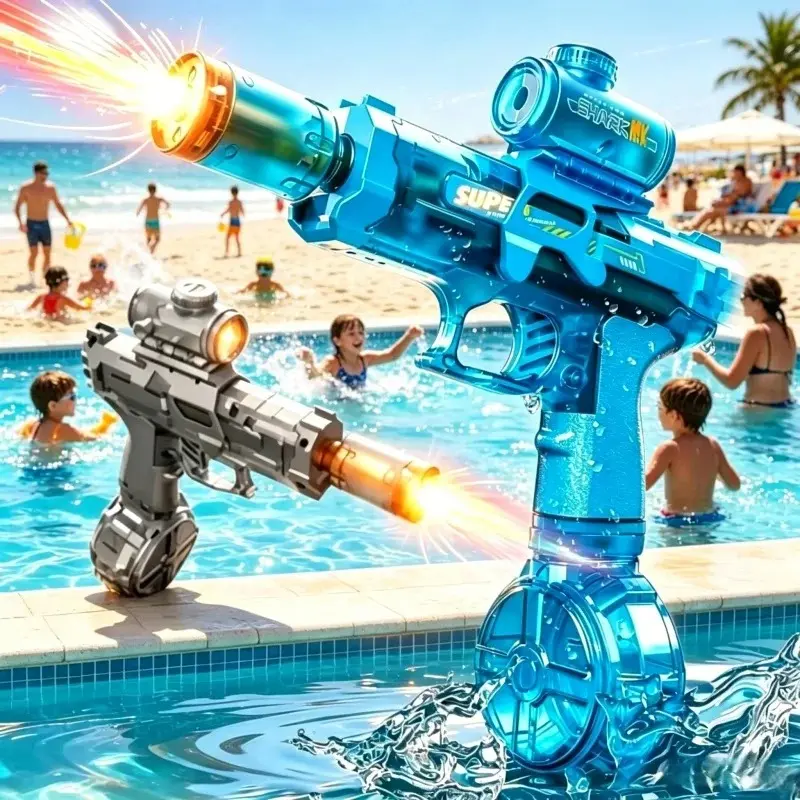 Automatic Electric Squirt Toys for Kids - Transparent Rechargeable Cool Gadgets with LED Lights, Realistic Spray Sound, Button, Large Water Tank, Glowing Water Action, Long Range Outdoor Pool Play, Outdoor Gadgets