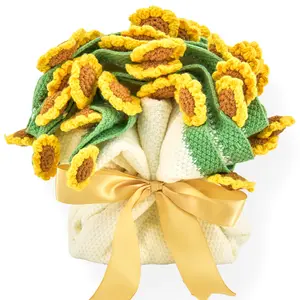 Multi-Function Blankets - Soft Cashmere Blend Flower Blanket with Crochet Pink Rose Bouquet & Yellow Ribbon for Plant Lovers Floral Throw, Winter Gift