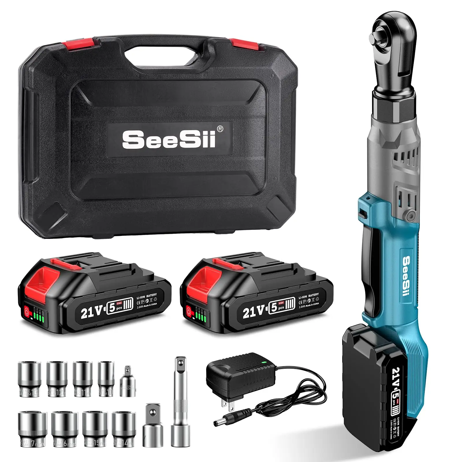 Seesii 1/2" Cordless Ratchet Wrench,66Ft-lbs Torque, Electric Brushless Ratchet Wrench w/ 2 Batteries, Variable Speed Trigger, 8 Sockets, 1/4" & 3/8"