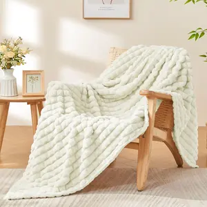 Cream Throw Blanket for Couch and Bed- Soft and Warm 3D Checkered Fuzzy Fleece Blanket, Luxurious Plush Cozy Blanket for Room, 50x60 inches