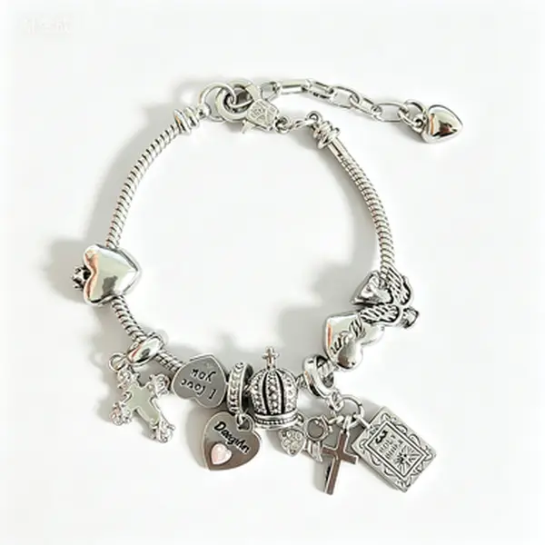Silver Faith Cross Crown Charm Bracelet, Adjustable Snake Chain Beaded Bracelet, Engraved Daughter Heart Angel Wing Religious Wrist Jewelry, Vintage Christian Memory Gift for Women Daughter Family