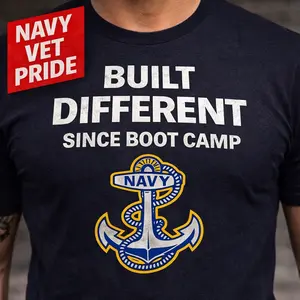 Built Different Navy Veteran T Shirt with Navy Anchor image.