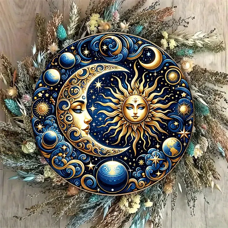 Multicolor Retro Vintage Sun-Moon Metal Print Sign - Celestial Round Aluminum Plaque, Aesthetic Home Decor, Casual Space-Themed Boho Wall Art for Wardrobe, Father's Day Spiritual Gift