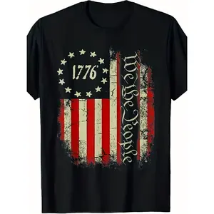 Natee USA Menswear Retro US Flag Short-Sleeve T-Shirt - Heavyweight Pure Cotton Round Neck Streetwear Top, Casual & 4th of July Outfits, Machine Washable