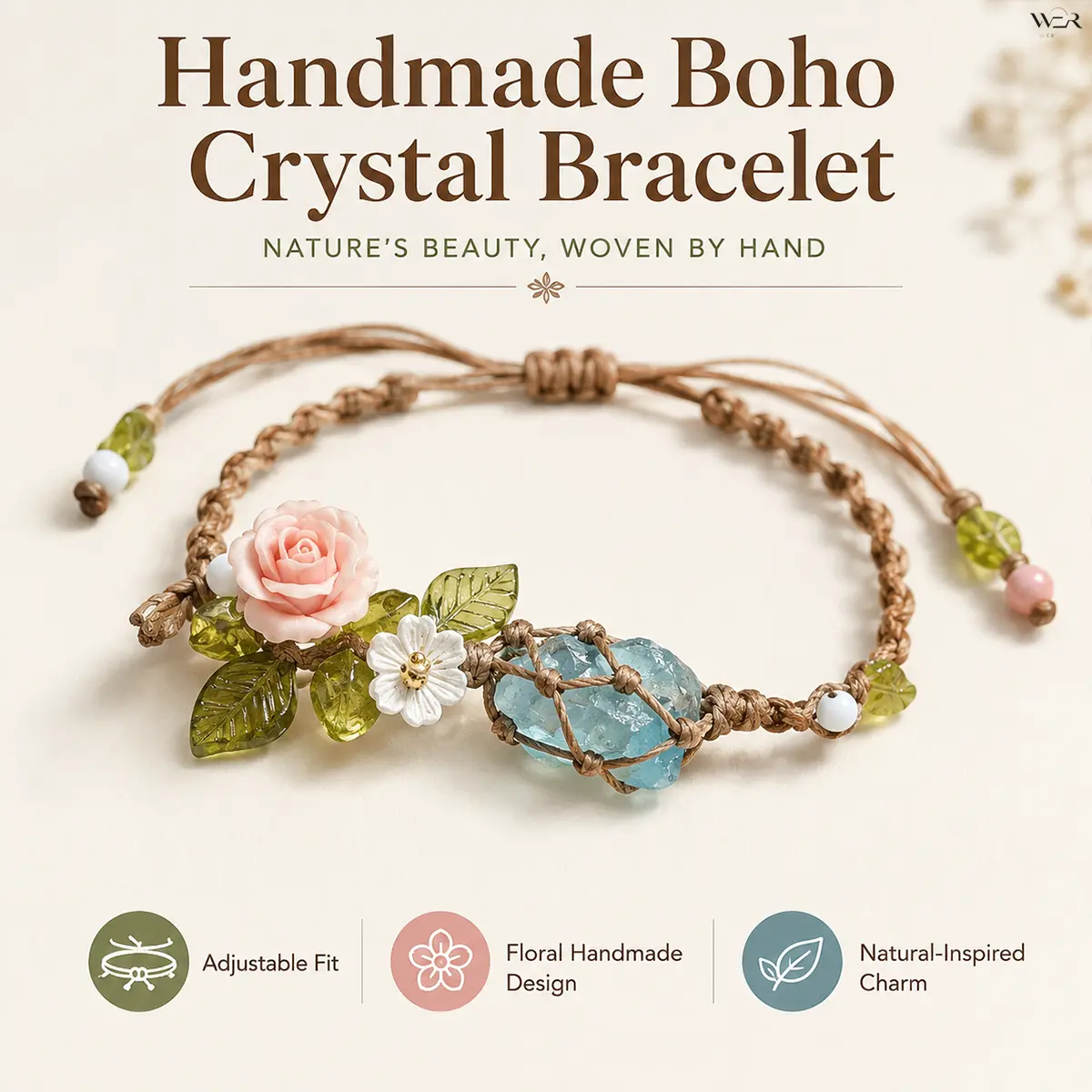 Women's Ethnic Fabric Boho Floral Macramé Wrap - Pink Rose, Crystal Infusion Bracelets & Bangles, 20 cm Adjustable, Ideal for Bracelet Stacking & Daily Wear