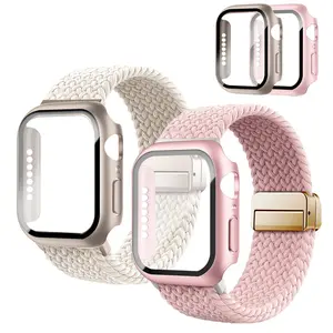 Magnetic Clasp Braided Band and Protective Case, Compatible with Apple Watch for Men & Women 40mm 44mm 41mm 45mm 42mm 46mm. Stretchy Solo Loop Strap with Protective Case + Screen Protector, Fits iWatch Series 11/SE3/10/9/8/7/6/5/4 touchscreen,father'sdayg