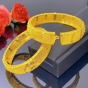 2pcs24KplatedbraceletbanglesBridesShinyGoldColorNO-FadingWeddingBridalmatchingcharmGlamorousShimmerGlitterforwomenDesignElegant