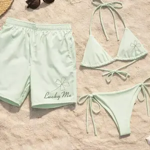 Lucky Me Four Leaf Clover Matching Couple Swimwear Set Board Shorts Triangle Bikini Mint Green St Patricks Day Irish Lucky Charm Summer Beach Pool Outfit