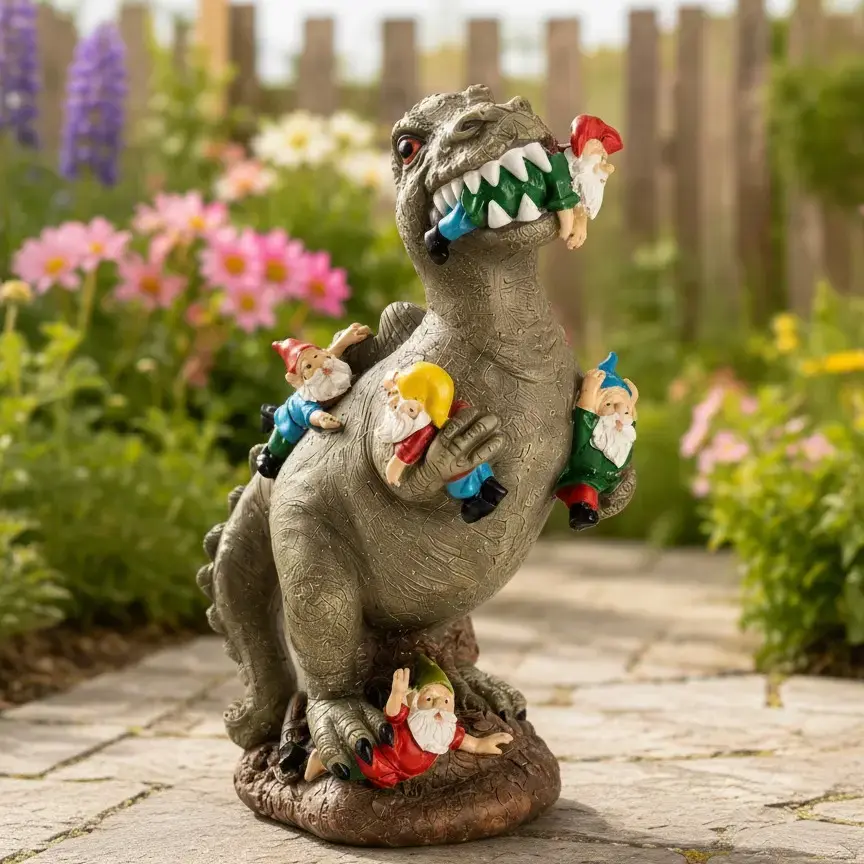 Dinosaur-themed garden decorations, creative cute gnome and dinosaur garden decor, resin craft, home garden decoration, garden gnome statues sports event souvenir